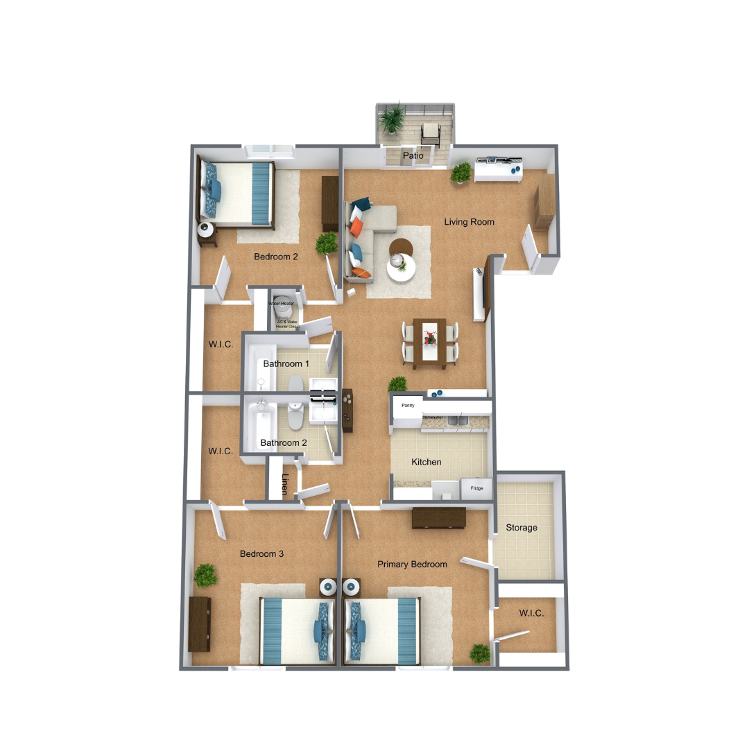 3D Floor Plan 3 Bedroom 2 Bathroom 1196 Square Foot Downstairs Apartment at Riverlands Apartments 3D Floor Plan 3 Bedroom 2 Bathroom 1196 Square Foot Downstairs Apartment at Riverlands Apartments