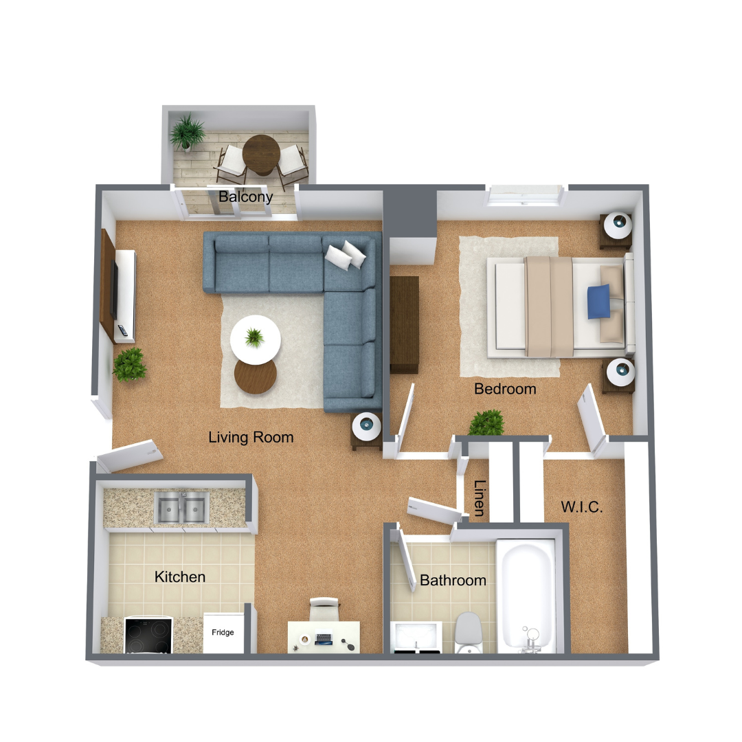 3D Floor Plan 1 Bedroom 1 Bathroom 557 Square Foot Apartment Downstairs with Balcony at Riverlands Apartments 3D Floor Plan 1 Bedroom 1 Bathroom 557 Square Foot Apartment Downstairs with Balcony at Riverlands Apartments