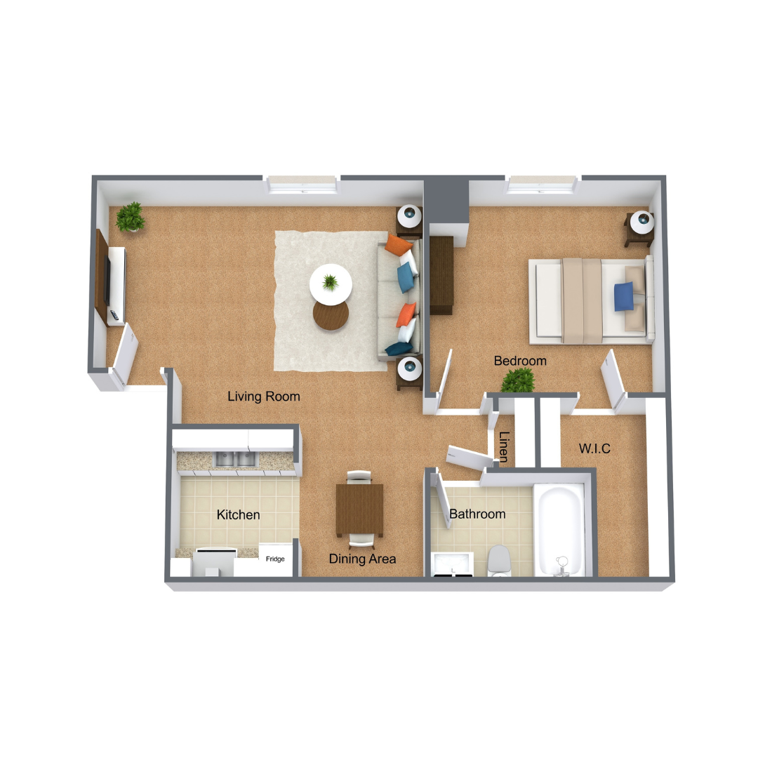 3D Floor Plan 1 Bedroom 1 Bathroom 587 Square Foot Apartment Upstairs at Riverlands Apartments 3D Floor Plan 1 Bedroom 1 Bathroom 587 Square Foot Apartment Upstairs at Riverlands Apartments