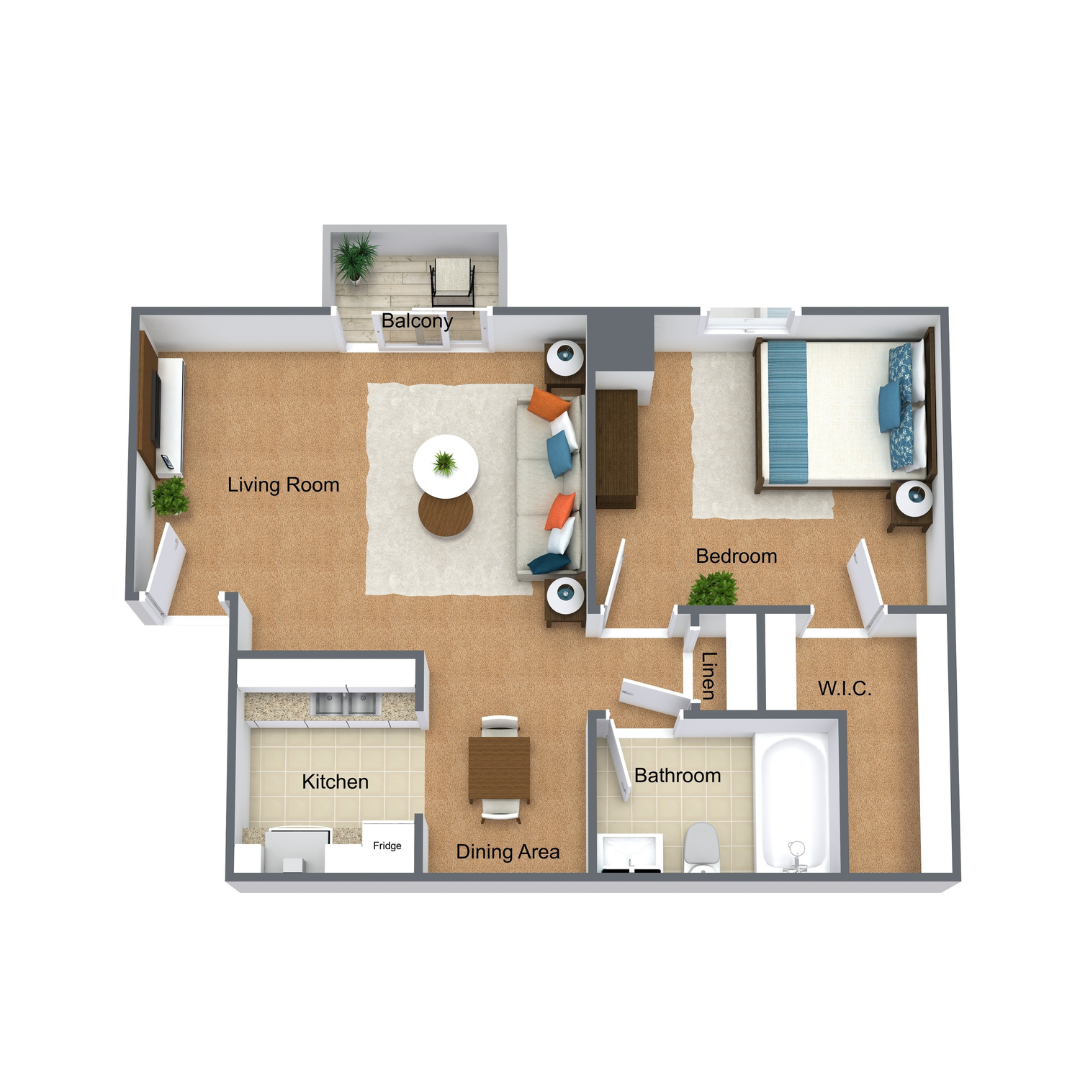 3D Floor Plan 1 Bedroom 1 Bathroom 597 Square Foot Apartment Upstairs with Balcony at Riverlands Apartments 3D Floor Plan 1 Bedroom 1 Bathroom 597 Square Foot Apartment Upstairs with Balcony at Riverlands Apartments