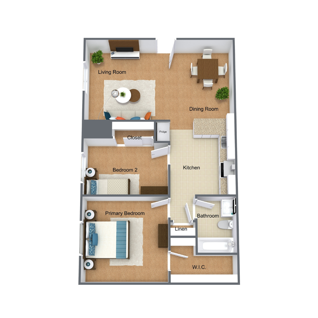 3D Floor Plan 2 Bedroom 1 Bathroom 757 Square Foot Downstairs Apartment at Riverlands Apartments 3D Floor Plan 2 Bedroom 1 Bathroom 757 Square Foot Downstairs Apartment at Riverlands Apartments