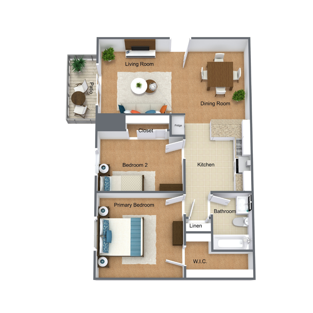 3D Floor Plan 2 Bedroom 1 Bathroom 757 Square Foot Apartment with Patio at Riverlands Apartments 3D Floor Plan 2 Bedroom 1 Bathroom 757 Square Foot Apartment with Patio at Riverlands Apartments