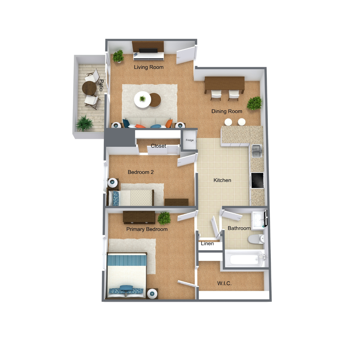 3D Floor Plan 2 Bedroom 1 Bathroom 797 Square Foot Apartment Upstairs at Riverlands Apartments 3D Floor Plan 2 Bedroom 1 Bathroom 797 Square Foot Apartment Upstairs at Riverlands Apartments