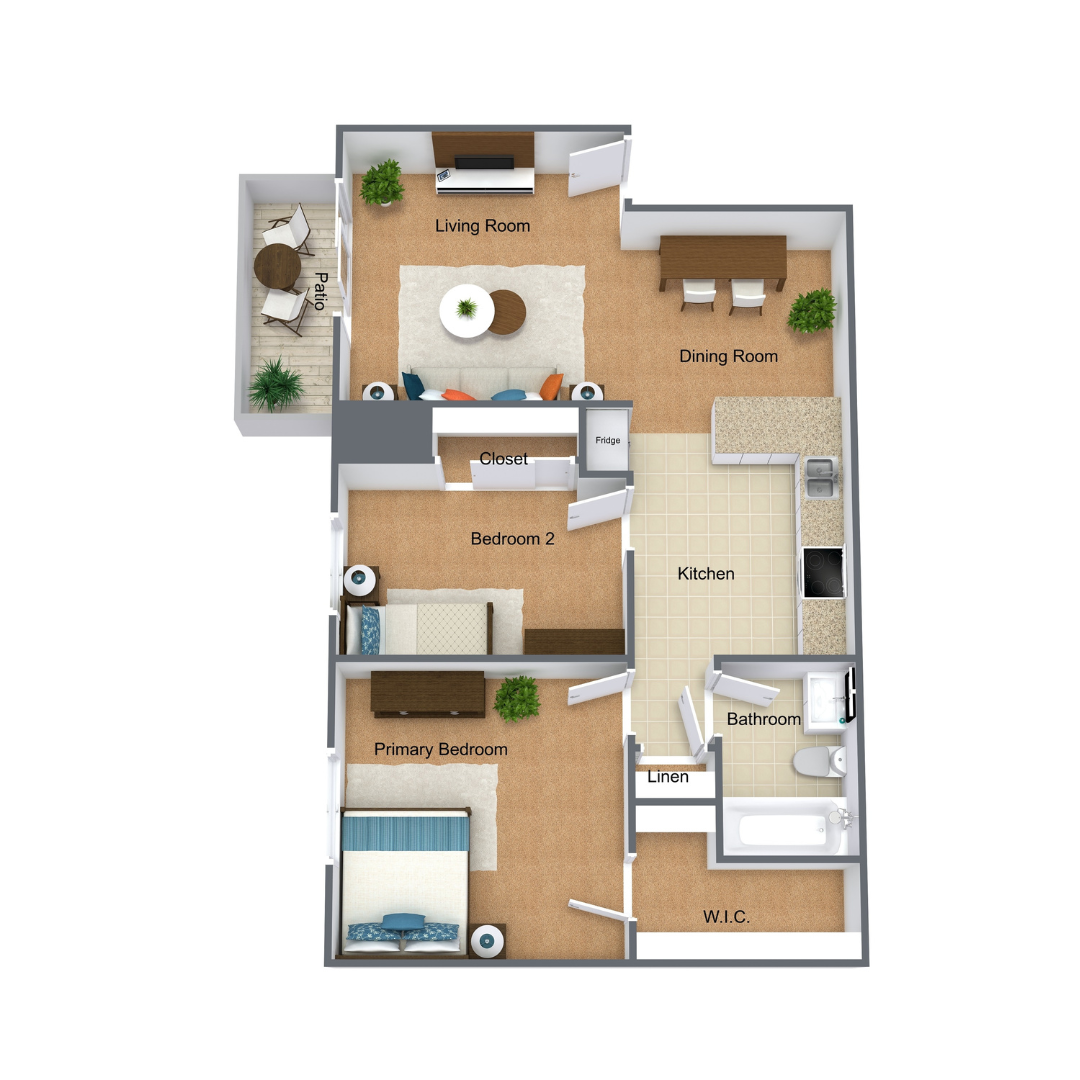 3D Floor Plan 2 Bedroom 1 Bathroom 797 Square Foot Apartment Upstairs with Patio at Riverlands Apartments 3D Floor Plan 2 Bedroom 1 Bathroom 797 Square Foot Apartment Upstairs with Patio at Riverlands Apartments