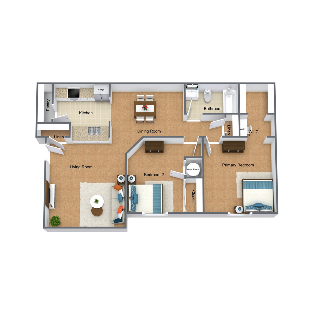 3D Floor Plan 2 Bedroom 1 Bathroom 900 Square Foot Apartment at Riverlands Apartments 3D Floor Plan 2 Bedroom 1 Bathroom 900 Square Foot Apartment at Riverlands Apartments