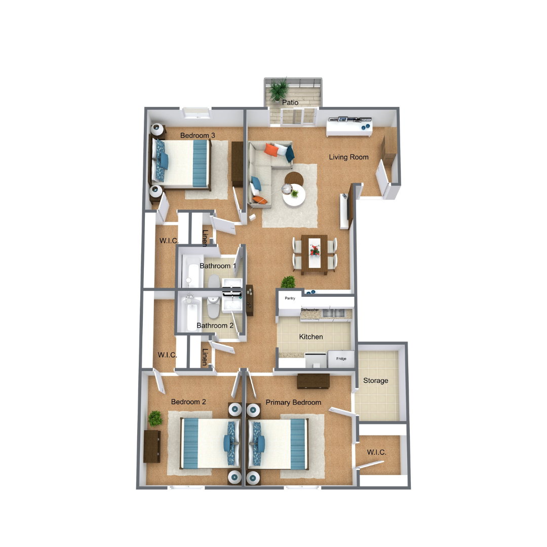 3D Floor Plan 3 Bedroom 2 Bathroom 1216 Square Foot Apartment Upstairs with Patio at Riverlands Apartments 3D Floor Plan 3 Bedroom 2 Bathroom 1216 Square Foot Apartment Upstairs with Patio at Riverlands Apartments