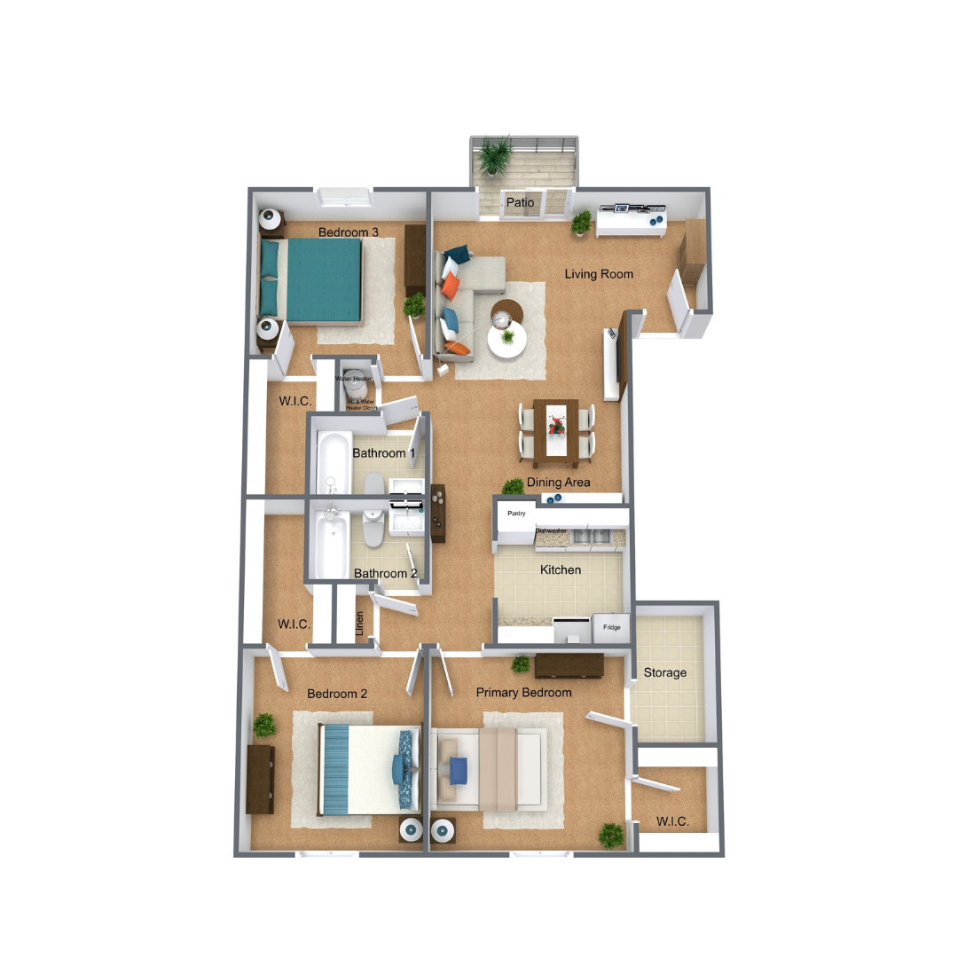3D Floor Plan 3 Bedroom 2 Bathroom 1276 Square Foot Apartment Upstairs with Patio at Riverlands Apartments 3D Floor Plan 3 Bedroom 2 Bathroom 1276 Square Foot Apartment Upstairs with Patio at Riverlands Apartments