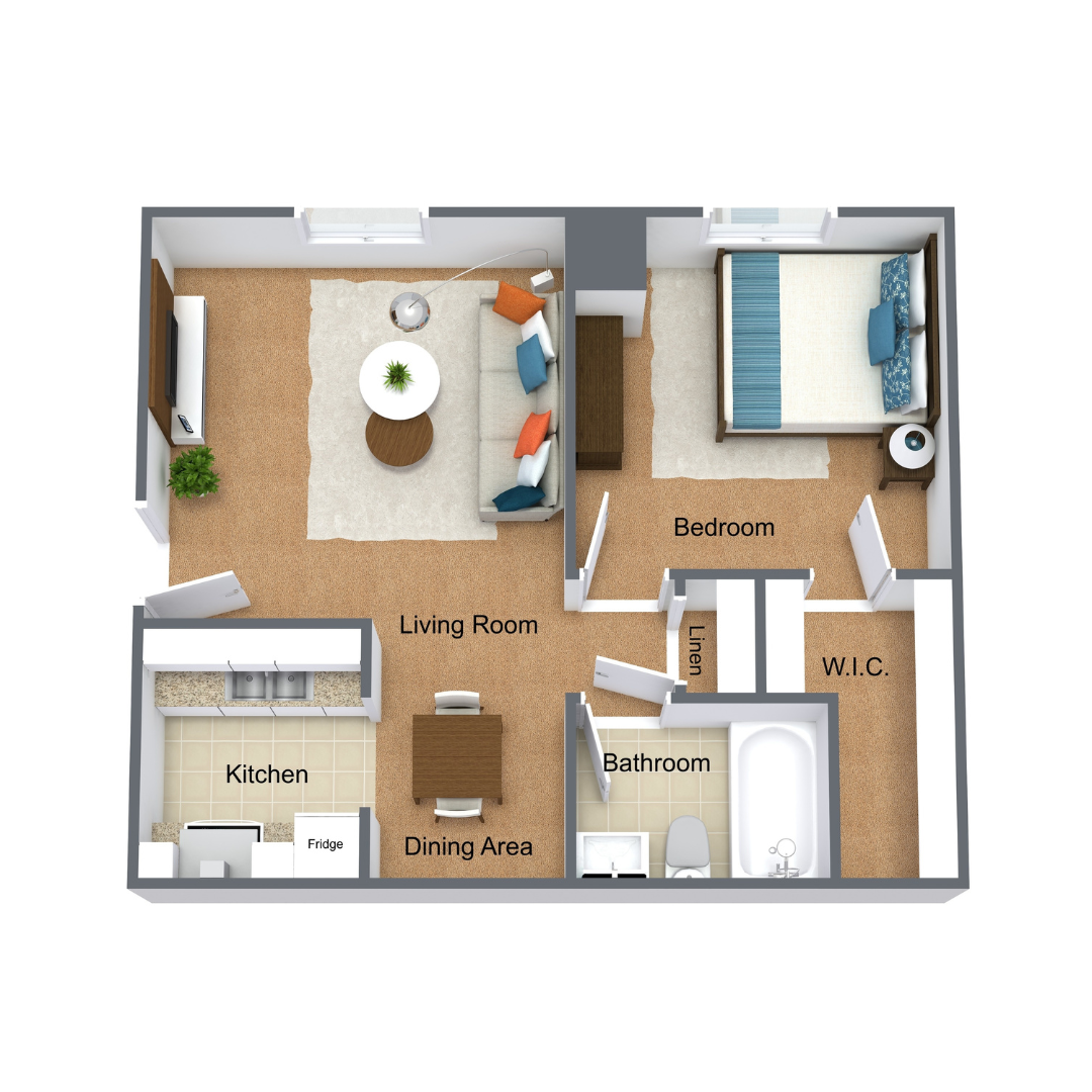 3D Floor Plan 1 Bedroom 1 Bathroom 557 Square Foot Downstairs Apartment at Riverlands Apartments 3D Floor Plan 1 Bedroom 1 Bathroom 557 Square Foot Downstairs Apartment at Riverlands Apartments